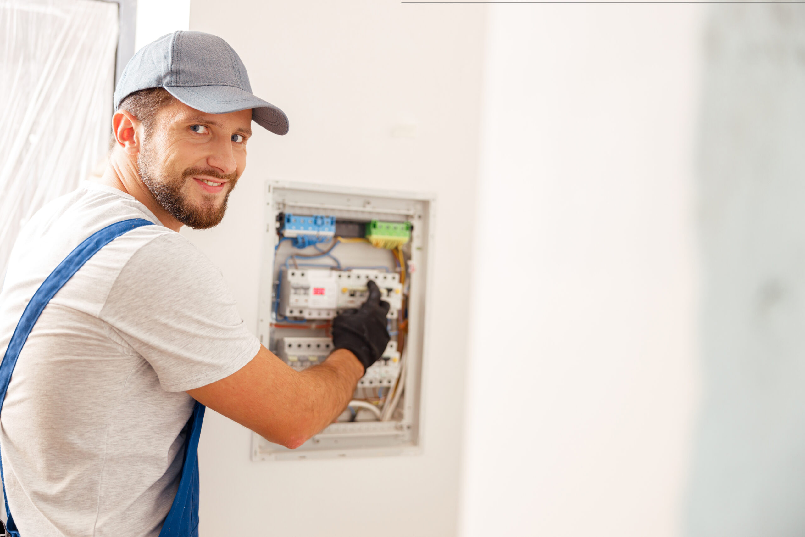 Smiling electrician looking at camera while working with fuses at the circuit breaker control cabinet on the wall